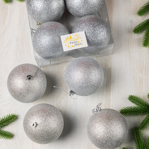 Набор пластиковых шаров Глория 100 мм., серебро глиттер, 4 шт., ЕлкиТорг (150440)