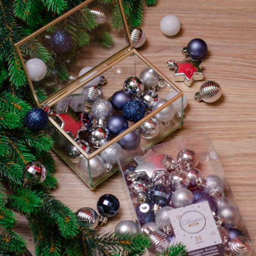 Набор елочных украшений Звездный 30 мм, 33 предмета, синий, серебро, Kaemingk (023472)