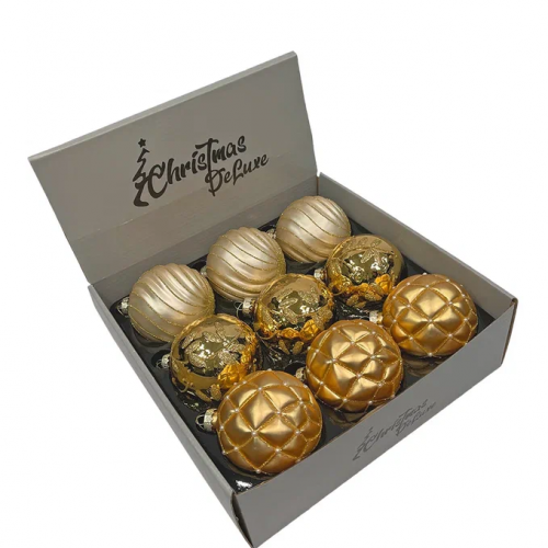 Набор винтажных стеклянных шаров Старинный вальс 80 мм., пудрово-золотой, 9 шт., Christmas DeLuxe (14090)