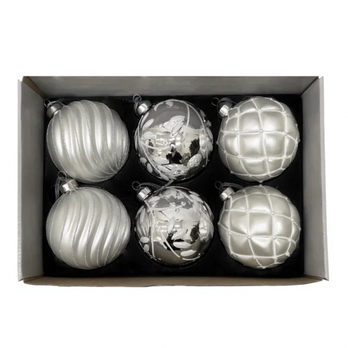 Набор винтажных стеклянных шаров Старинный вальс 100 мм., серебро, 6 шт., Christmas DeLuxe (13021)