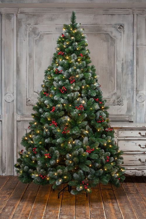 Искусственная сосна Очарование 180 см., с шишками и ягодками, 330 теплых-белых LED ламп, Леска+ПВХ, ЕлкиТорг (142180)