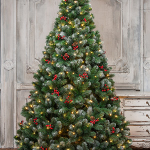 Искусственная сосна Очарование 180 см., с шишками и ягодками, 330 теплых-белых LED ламп, Леска+ПВХ, ЕлкиТорг (142180)