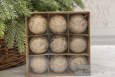  Набор винтажных шаров Амели  80 мм., 9 шт., капучино, пластик, Christmas DeLuxe (89277)