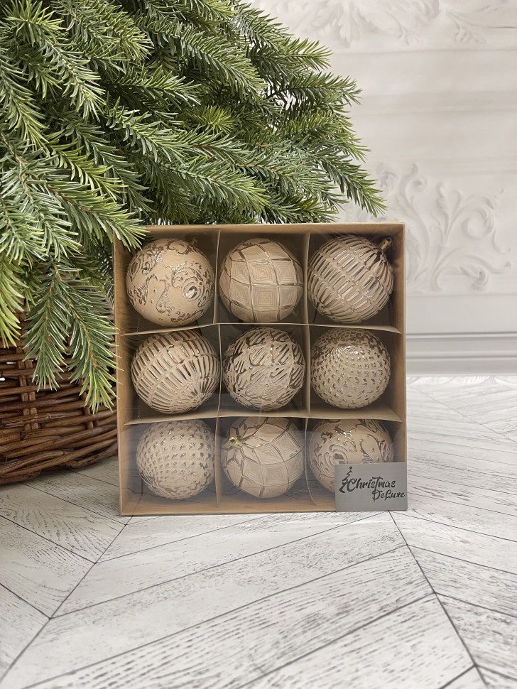  Набор винтажных шаров Амели  80 мм., 9 шт., капучино, пластик, Christmas DeLuxe (89277)