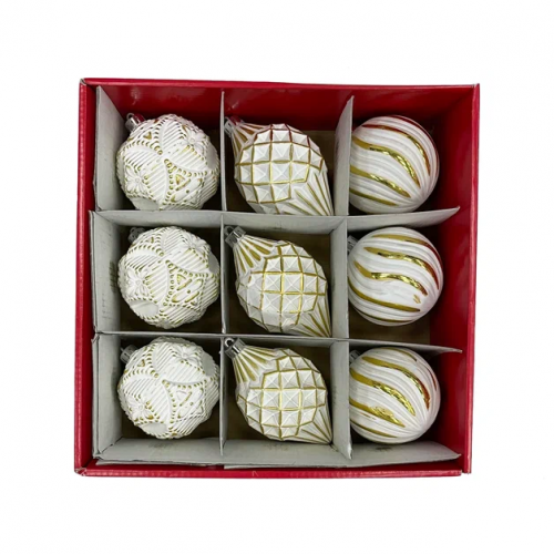 Набор пластиковых шаров Рандеву 80 мм., 9 шт., белый с золотом, Christmas DeLuxe (87804) 