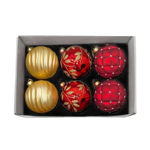 Набор винтажных стеклянных шаров Старинный вальс, красный-золото, 100 мм., 6 шт., Christmas DeLuxe (13020)