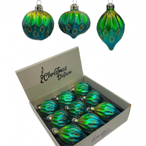 Набор стеклянных украшений Перо павлина 80 мм., 9 шт., шар, капля, луковка, зеленый, Christmas DeLuxe (13962)