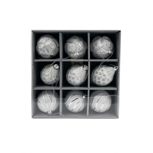 Набор пластиковых шаров Рандеву 80 мм., 9 шт., белый с серебром, Christmas DeLuxe (87805)