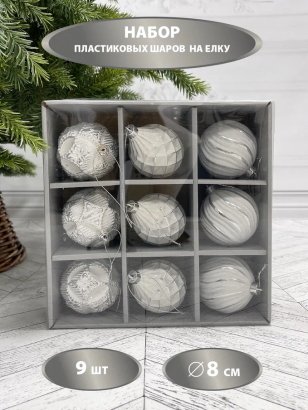 Набор пластиковых шаров Рандеву 80 мм., 9 шт., белый с серебром, Christmas De Luxe (87805)