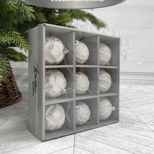 Набор пластиковых шаров Рандеву 80 мм., 9 шт., белый с серебром, Christmas DeLuxe (87805)