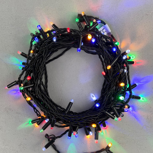 Светодиодная гирлянда с колпачком 100 разноцветных LED ламп 10 м., мерцание, 220-230 В., черный провод ПВХ, IP65, LTC (PST100BLWCAP-11-2M)