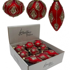 Набор стеклянных украшений Роскошь 80 мм., 9 шт., шар, капля, луковка, красный, Christmas DeLuxe (13050)