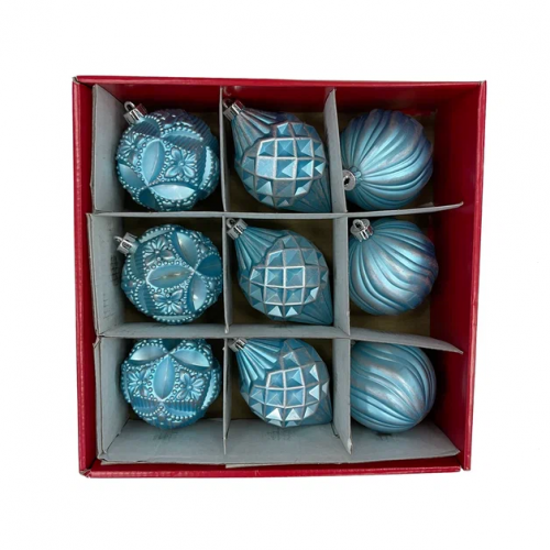 Набор пластиковых шаров Рандеву 80 мм., 9 шт., голубой с серебром , Christmas DeLuxe (87803)