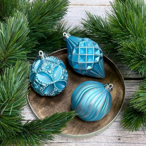 Набор пластиковых шаров Рандеву 80 мм., 9 шт., голубой с серебром , Christmas De Luxe (87803)