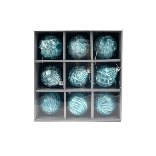 Набор пластиковых шаров Рандеву 80 мм., 9 шт., голубой с серебром , Christmas DeLuxe (87803)