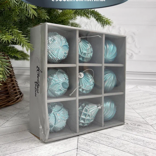 Набор пластиковых шаров Рандеву 80 мм., 9 шт., голубой с серебром , Christmas DeLuxe (87803)