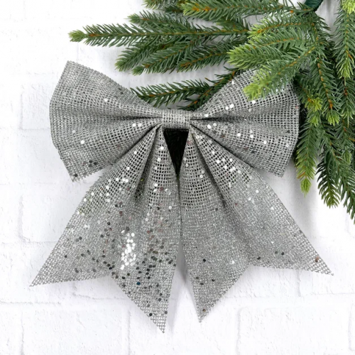 Бант Бриджит 24x28 см., 1 шт., серебро с пайетками, Christmas DeLuxe (86841)