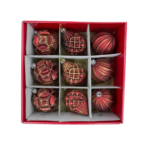 Набор пластиковых шаров Рандеву 80 мм., 9 шт., красный с золотом, Christmas DeLuxe (87799)