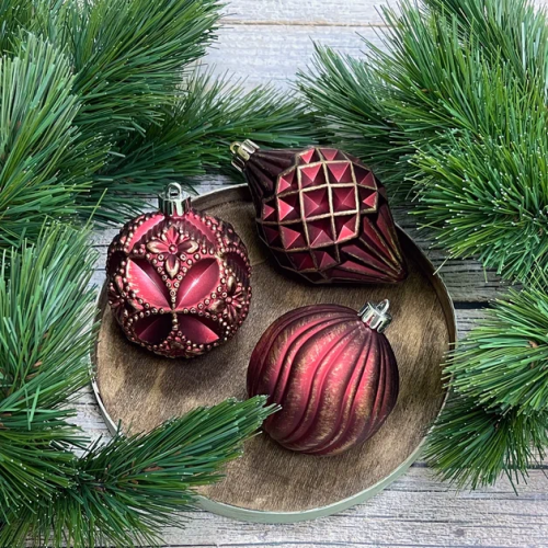 Набор пластиковых шаров Рандеву 80 мм., 9 шт., красный с золотом, Christmas DeLuxe (87799)