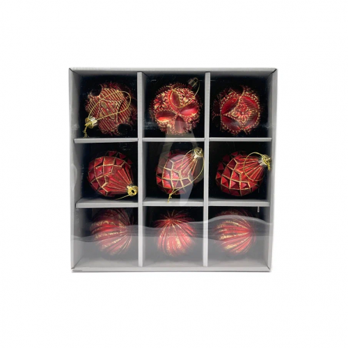 Набор пластиковых шаров Рандеву 80 мм., 9 шт., красный с золотом, Christmas DeLuxe (87799)