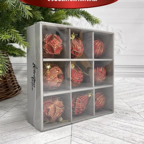 Набор пластиковых шаров Рандеву 80 мм., 9 шт., красный с золотом, Christmas DeLuxe (87799)