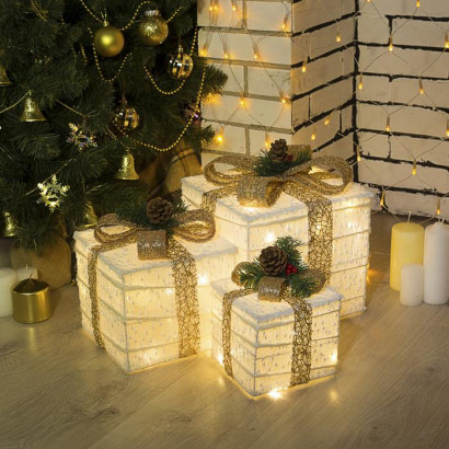 Светодиодные Подарки с бежевой лентой 15, 20, 25 см., 220 В, теплые LED, Luazon Lighting (4357001)