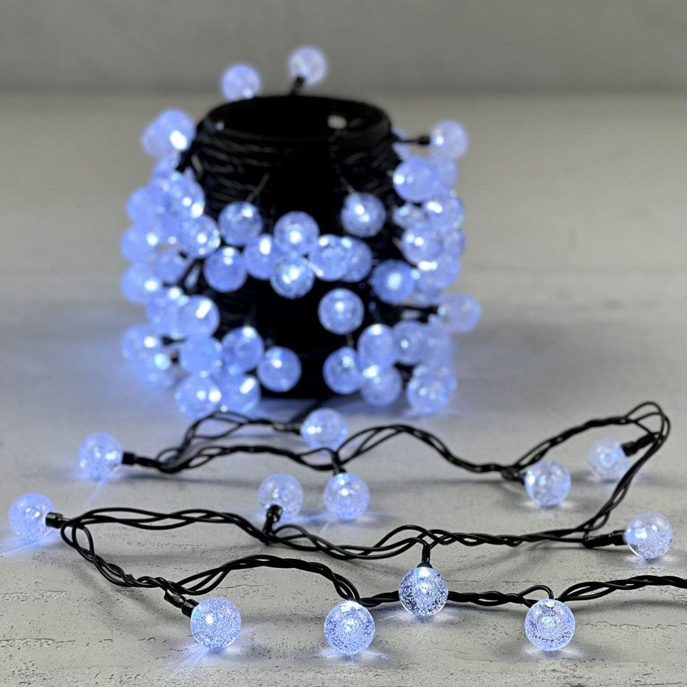 Светодиодная гирлянда шарики Пузырьки 10 м., 220V., 100 белых  LED ламп 23 мм., коннектор, черный ПВХ, LTC (PCS-100B-W)