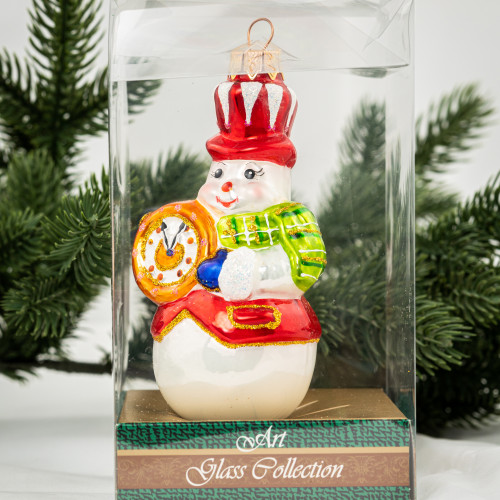 Елочное украшение Снеговик с часами, стекло, 13 см., 1 шт., Витус (А336)