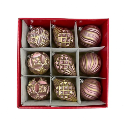 Набор пластиковых шаров Рандеву 80 мм., 9 шт., розовый с золотом, Christmas DeLuxe (87802)