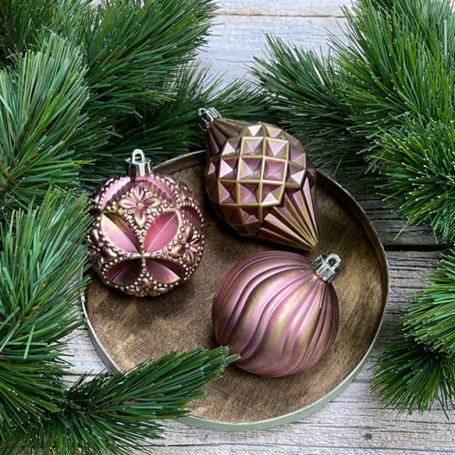 Набор пластиковых шаров Рандеву 80 мм., 9 шт., розовый с золотом, Christmas DeLuxe (87802)