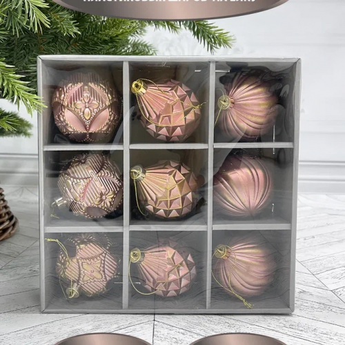 Набор пластиковых шаров Рандеву 80 мм., 9 шт., розовый с золотом, Christmas DeLuxe (87802)