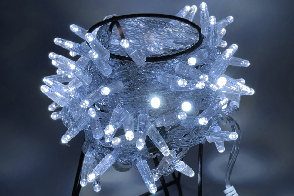 Светодиодная нить 100 холодных белых LED ламп, 10 м., 24В, статика, прозрачный провод ПВХ, Teamprof (TPF-S10C-24V-CT/W)