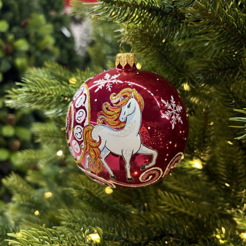 Стеклянный шар Снежная Лошадка 95 мм., красный, стекло, Ёлочка (С475/1)