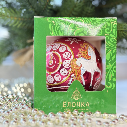 Стеклянный шар Снежная Лошадка 95 мм., красный, стекло, Ёлочка (С475/1)