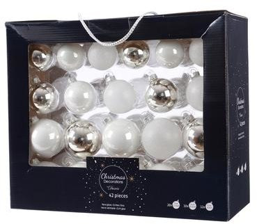 Набор стеклянных шаров  Снежное утро mix, белый, серебряный, 42 шт, Kaemingk (149306) 