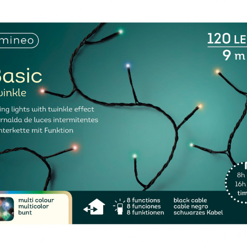 Светодиодная гирлянда с контроллером 9 м, 220V., 120 разноцветных LED ламп, черный ПВХ, Kaemingk (494121)