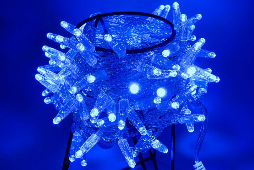 Светодиодная нить 100 синих LED ламп, 10 м., 24В, статика, прозрачный провод ПВХ, Teamprof (TPF-S10C-24V-CT/B)