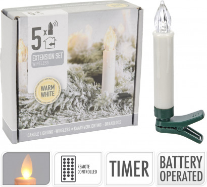 Свечи на елку Романс, 5 свечей по 10,5 см. на клипсах, теплый белый, на батарейках, Koopman (AX2001040)