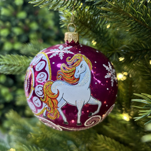 Стеклянный шар Снежная Лошадка 95 мм., розовый, стекло, Ёлочка (С475/2)