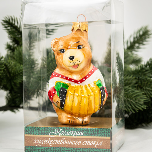 Елочное украшение Медведь с гармошкой, стекло, 10 см., 1 шт., Витус (А379)