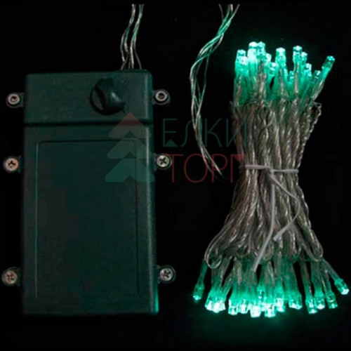 Светодиодная гирлянда 5 м., 3 батарейки типа D 4.5V, 50 LED ламп цвета аква, таймер, прозрачный провод, LTC (EST50-4W10-8A)