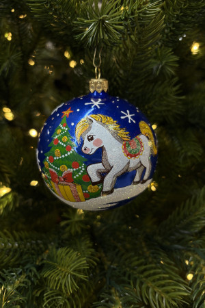 Стеклянный шар Лошадка 90 мм., синий, стекло, Ёлочка (С206/2)