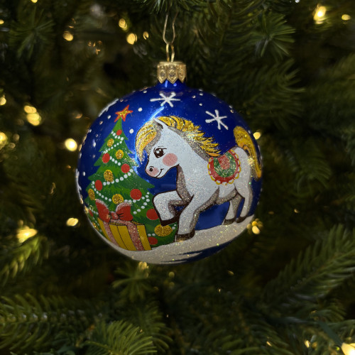Стеклянный шар Лошадка 90 мм., синий, стекло, Ёлочка (С206/2)
