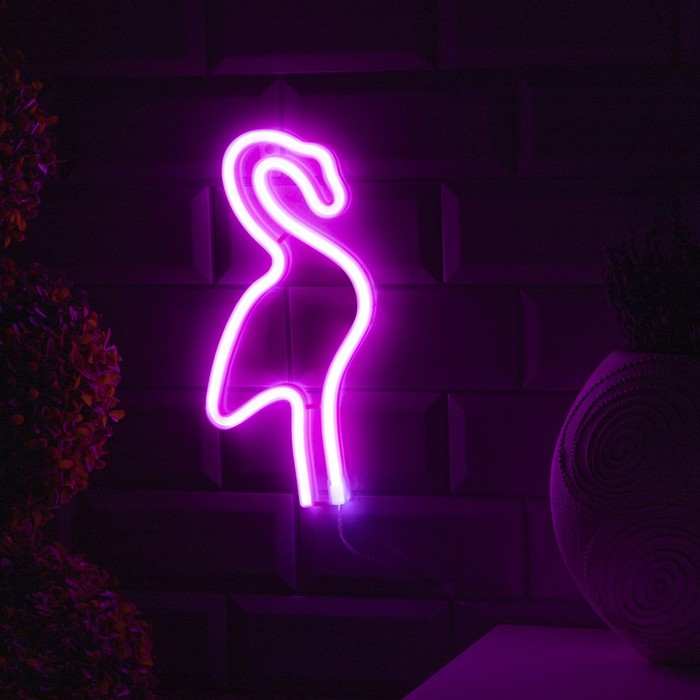 Неоновая вывеска Фламинго 14.5×28 см., батарейки ААх3, USB, розовый, Luazon Lighting (7989796)