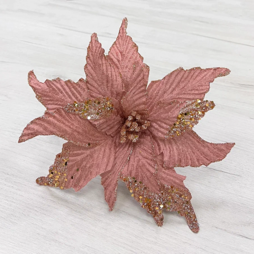 Декоративный цветок Пуансеттия 28 см., розовый щербет, на клипсе, Christmas DeLuxe (87300) в Санкт-Петербурге