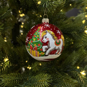 Стеклянный шар Лошадка 90 мм., красный, стекло, Ёлочка (С206/3)