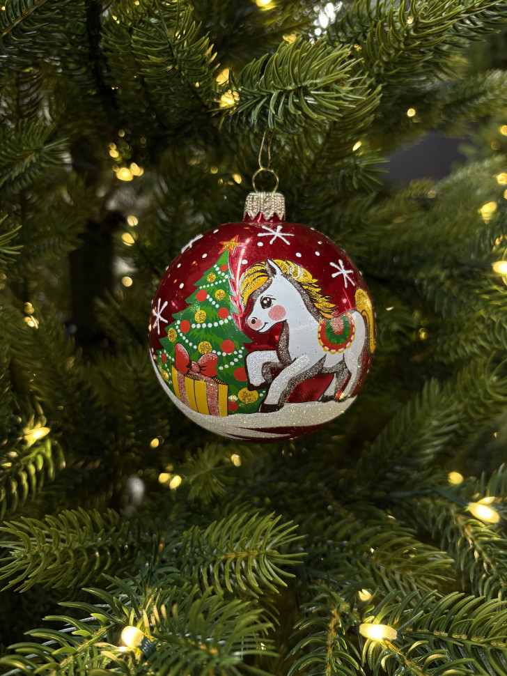 Стеклянный шар Лошадка 90 мм., красный, стекло, Ёлочка (С206/3)