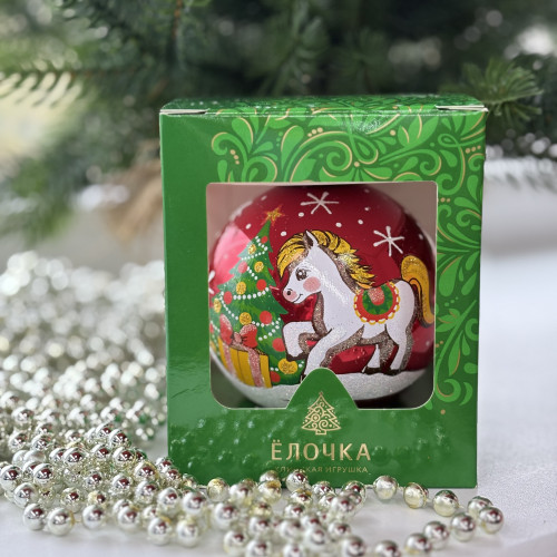 Стеклянный шар Лошадка 90 мм., красный, стекло, Ёлочка (С206/3)