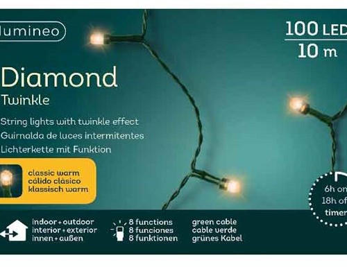 Светодиодная гирлянда с контроллером Алмазная россыпь 9.9 м., 220 V, 100 LED ламп теплого свечения, зеленый ПВХ провод, Kaemingk (490509)