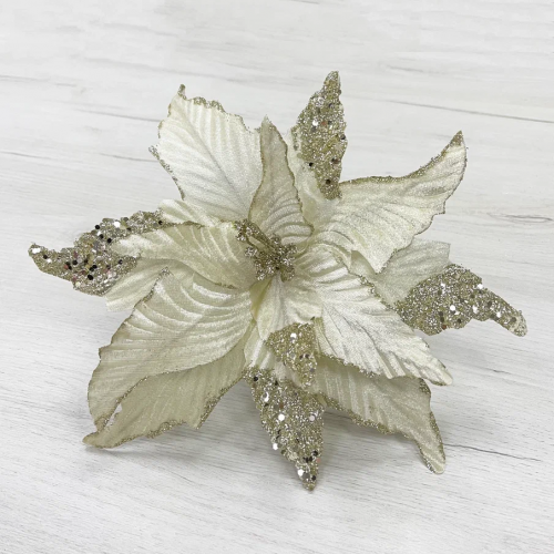 Декоративный цветок Пуансеттия 28 см., шампань, на клипсе, Christmas DeLuxe (85662-87154)